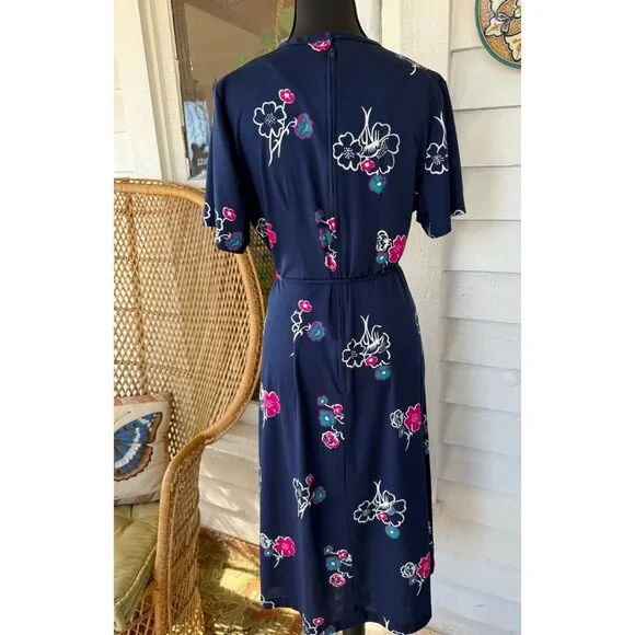 Vintage 70's MOD 2 Piece Dress Jacket Blue Pink Floral Size M Poly Knit - Picture 4 of 16